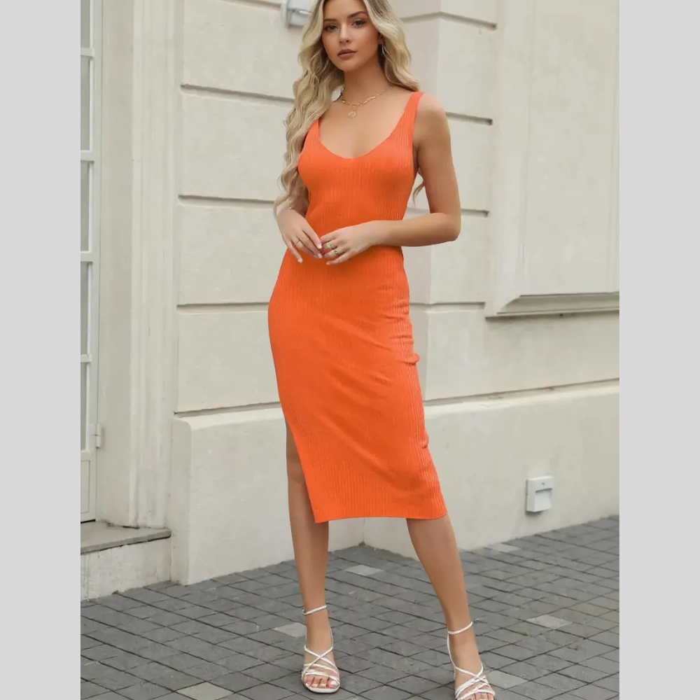 Ribbed Slit Sleeveless Knit Dress