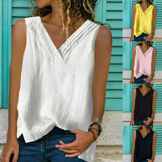 Split Sleeveless Cotton And Linen Multi-layer Collar T-shirt