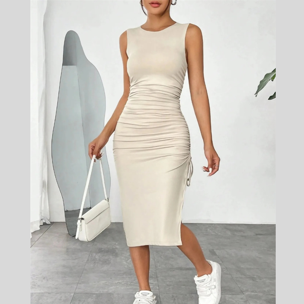 Sleeveless Ruched Bodycon Midi Dress with Side Drawstring