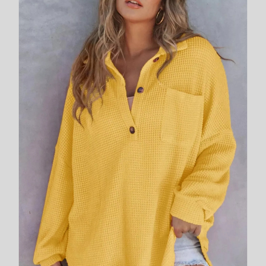 Casual Waffle Knit Button Detail Blouse