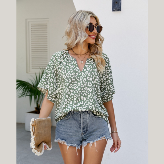 Leopard Notched Half Sleeve Blouse