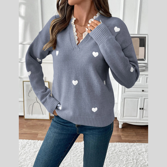 Heart V-Neck Long Sleeve Sweater
