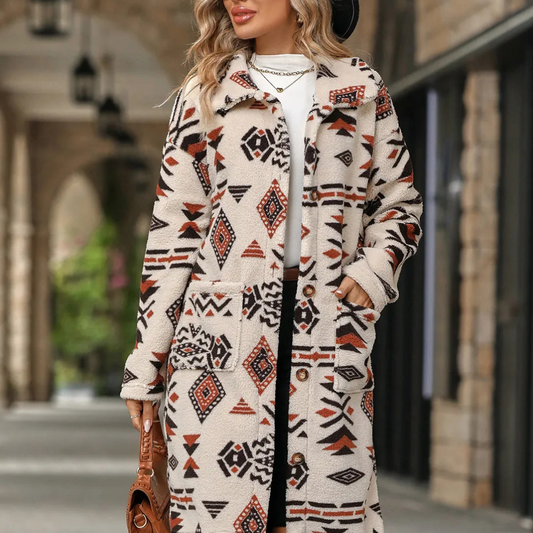 European And American Single-breasted Ethnic Print Plush Long Overcoat Outerwear