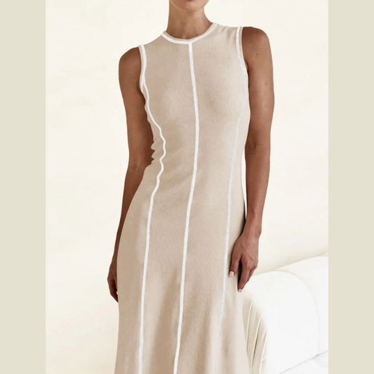 Contrast Stitching Round Neck Sleeveless Midi Dress