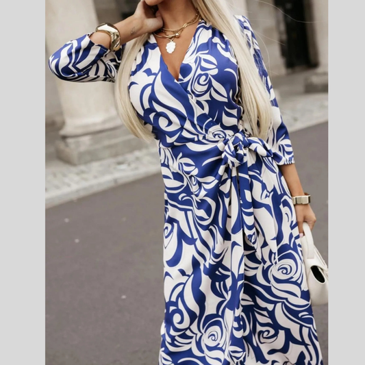 Printed Surplice Long Sleeve Wrap Dress