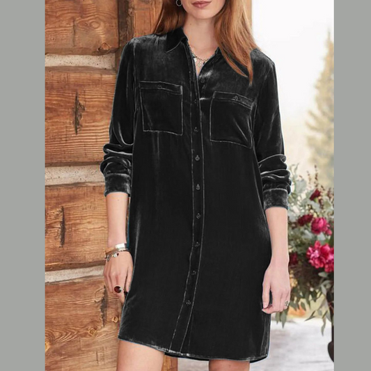 High-Low Button Up Long Sleeve Knee Length Dress