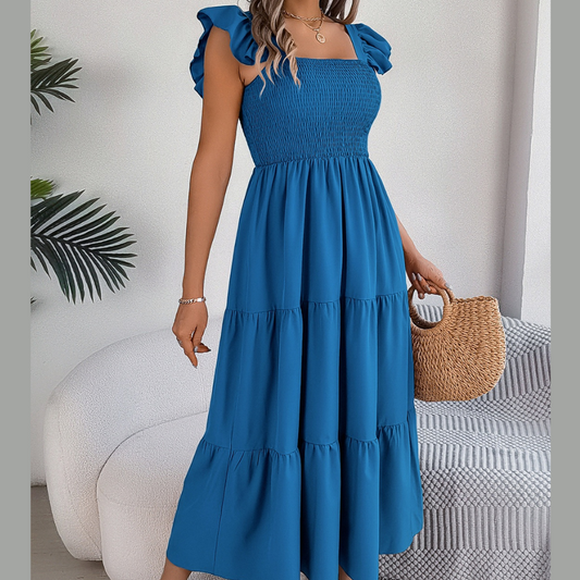 Smocked Square Neck Cap Sleeve Midi Dress
