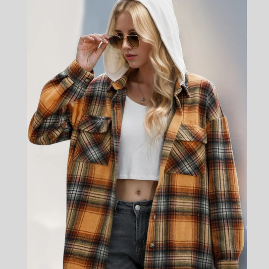Double Take Drawstring Plaid Long Sleeve Hooded Shacket