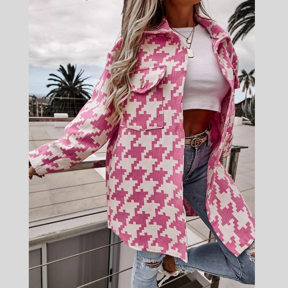 Houndstooth Button Up Long Sleeve Outerwear