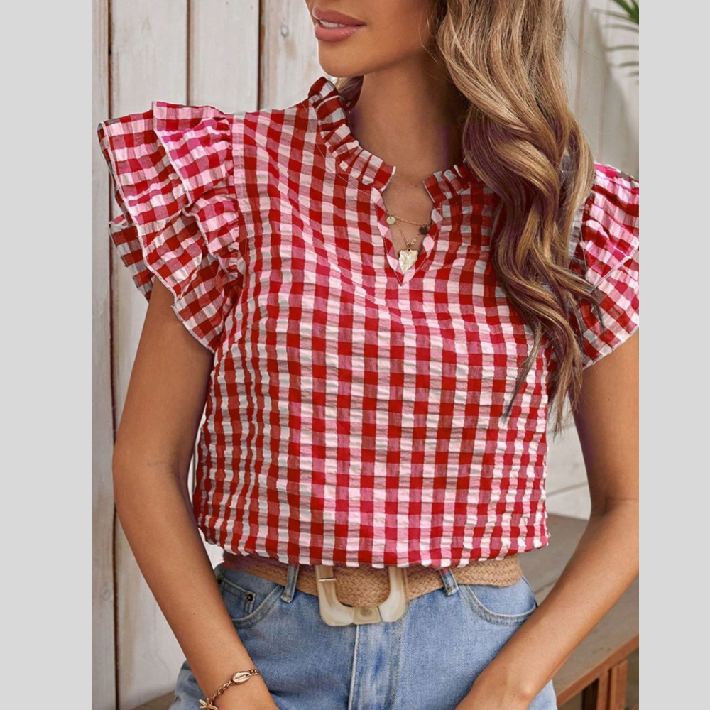 Gingham Ruffle Sleeve Blouse