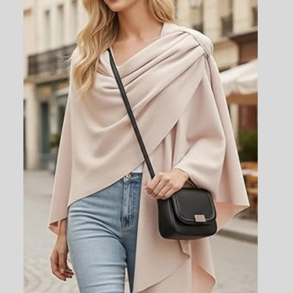 Draped Knitted Split Cape Shawl with Strap