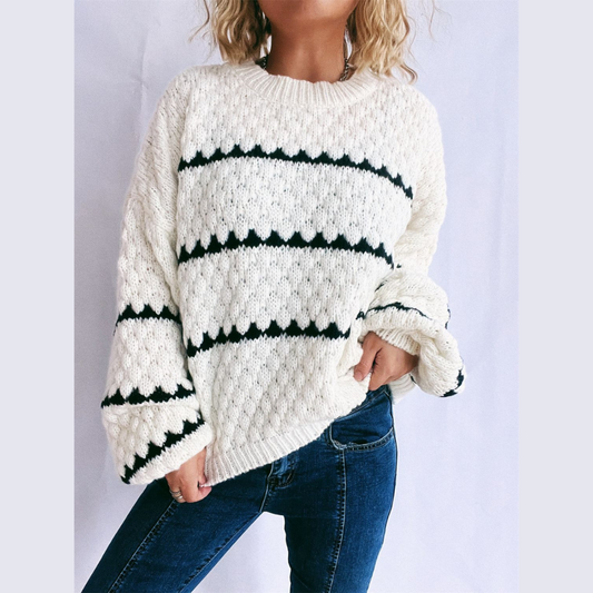 Contrast Stripes Round Neck Long Sleeve Sweater