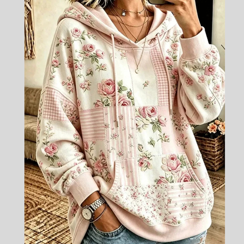Full Size Drawstring Floral Dropped Shoulder Hoodie Plus Size