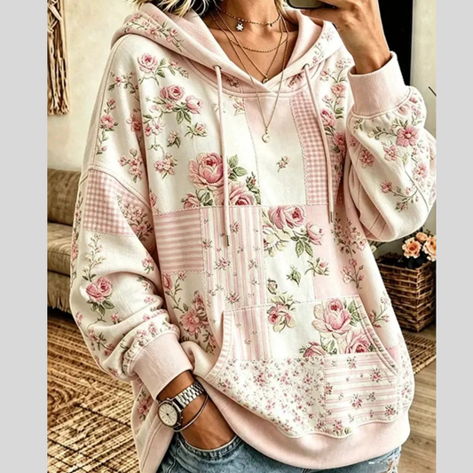 Full Size Drawstring Floral Dropped Shoulder Hoodie Plus Size