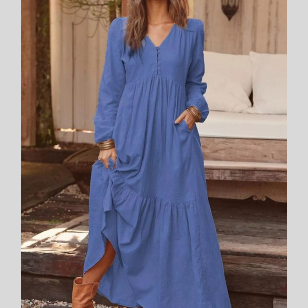 Full Size V-Neck Long Sleeve Tiered Maxi Dress with Pockets Plus Size