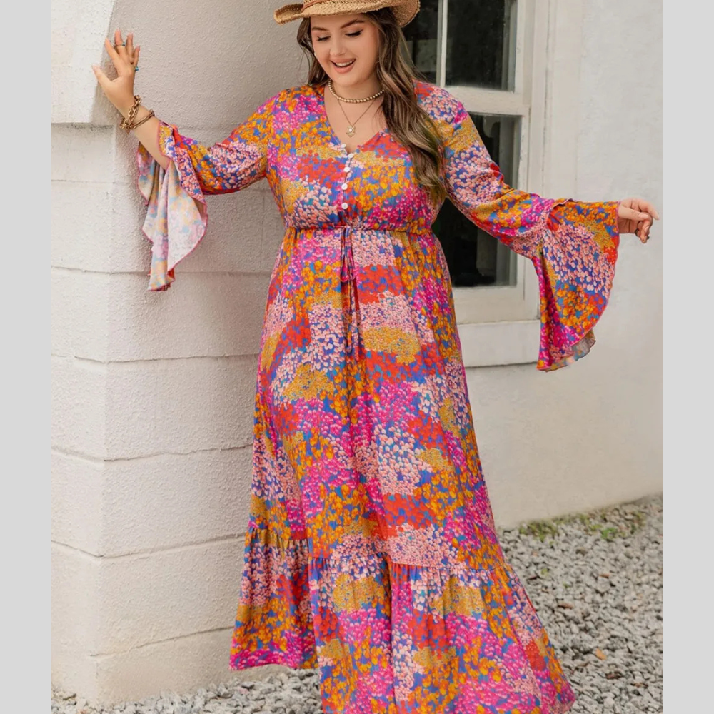 Plus Size Printed V-Neck Long Sleeve Maxi Dress