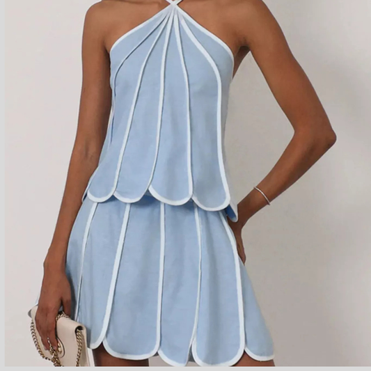 Contrast Trim Halter Neck Top and Skirt Set