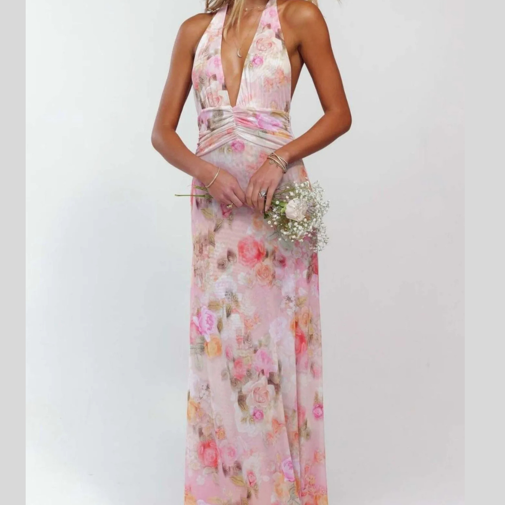 Floral Halter Neck Deep V Maxi Dress