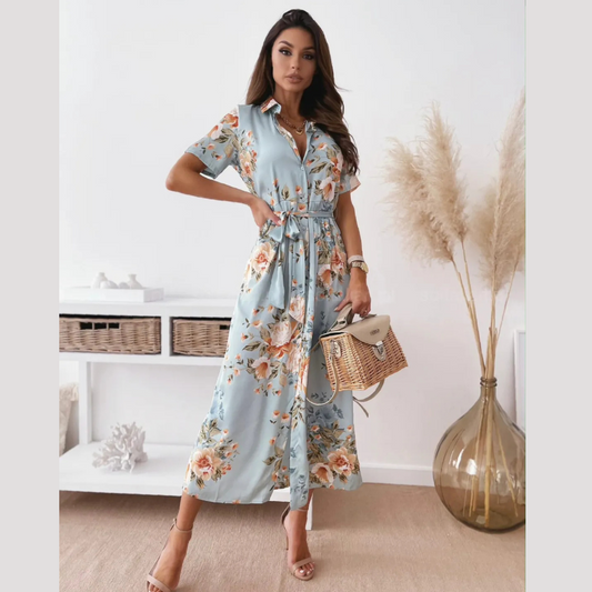 Printed Tie Waist Short Sleeve Midi Shirt Dress