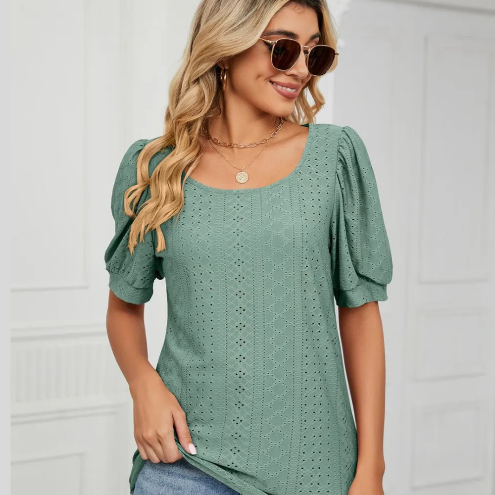 Ruched Notched Long Sleeve T-Shirt