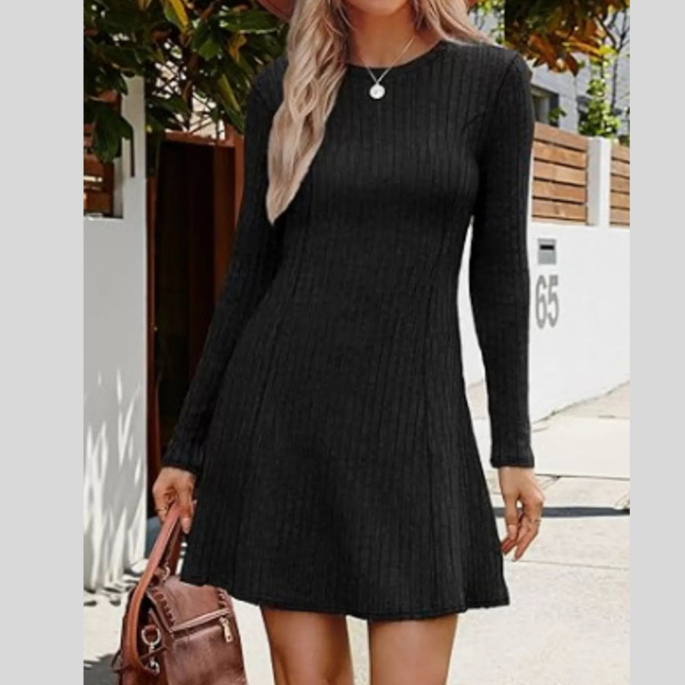 Ribbed Knit Long Sleeve Flare Dress