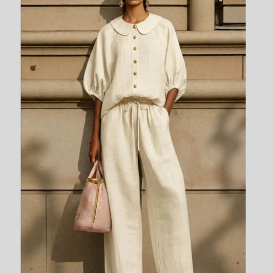 Full Size Button Down Half Sleeve Top and Pants Set Plus Size