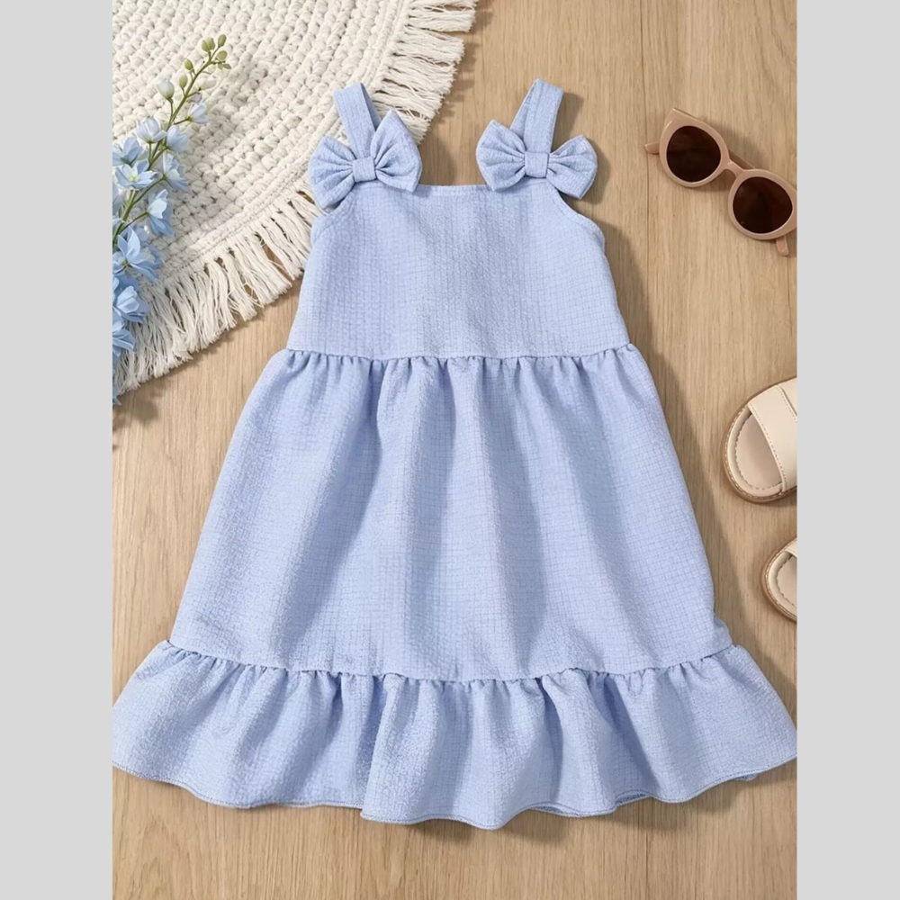 Children's Bowknot Decor Ruffle Hem Sleeveless Dress