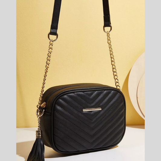 Quilted PU Leather Crossbody Bag with Tassel