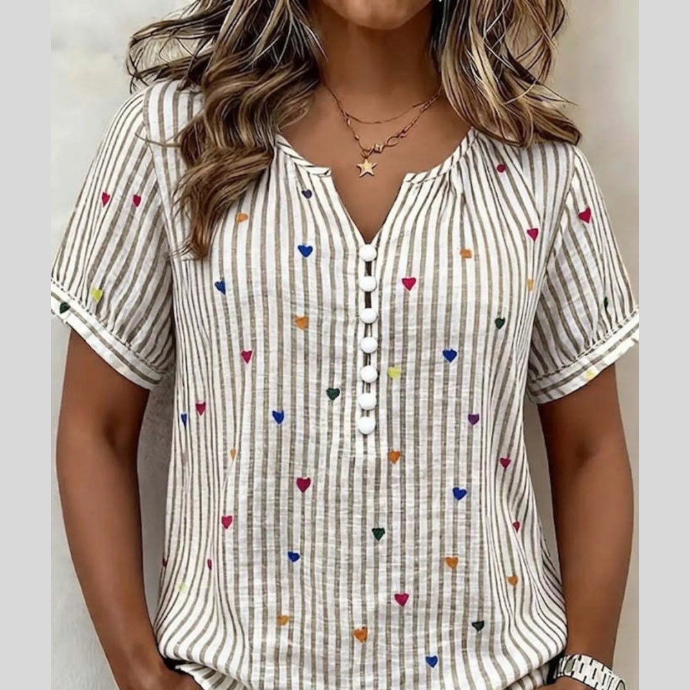 Full Size Heart Striped Short Sleeve Blouse Plus Size