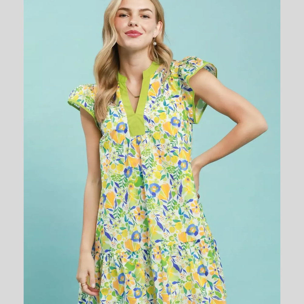 Umgee Floral Flutter Sleeve Tiered Mini Dress
