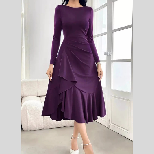 Long Sleeve Ruched Midi Dress with Asymmetrical Ruffle Hem