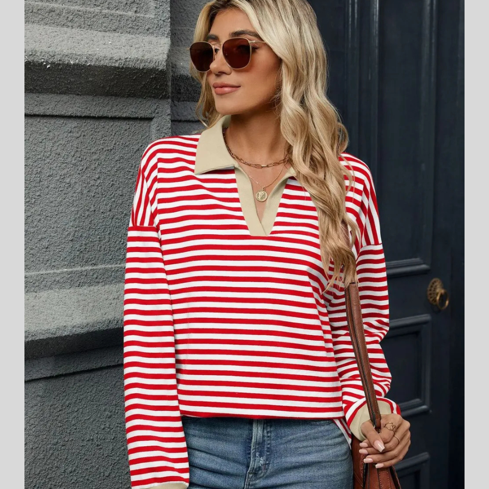 Striped Johnny Collar Long Sleeve Sweatshirt