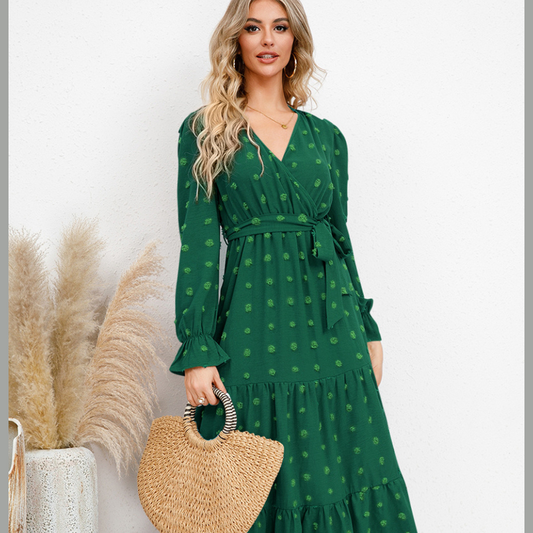Swiss Dot Tied Surplice Flounce Sleeve Dress