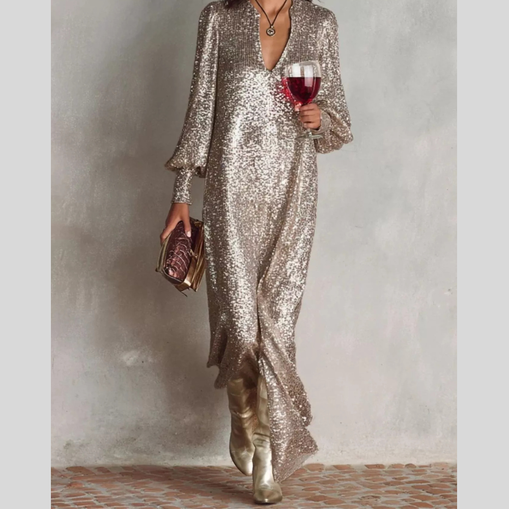 Sequin Notched Lantern Sleeve Maxi Dress