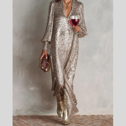 Sequin Notched Lantern Sleeve Maxi Dress