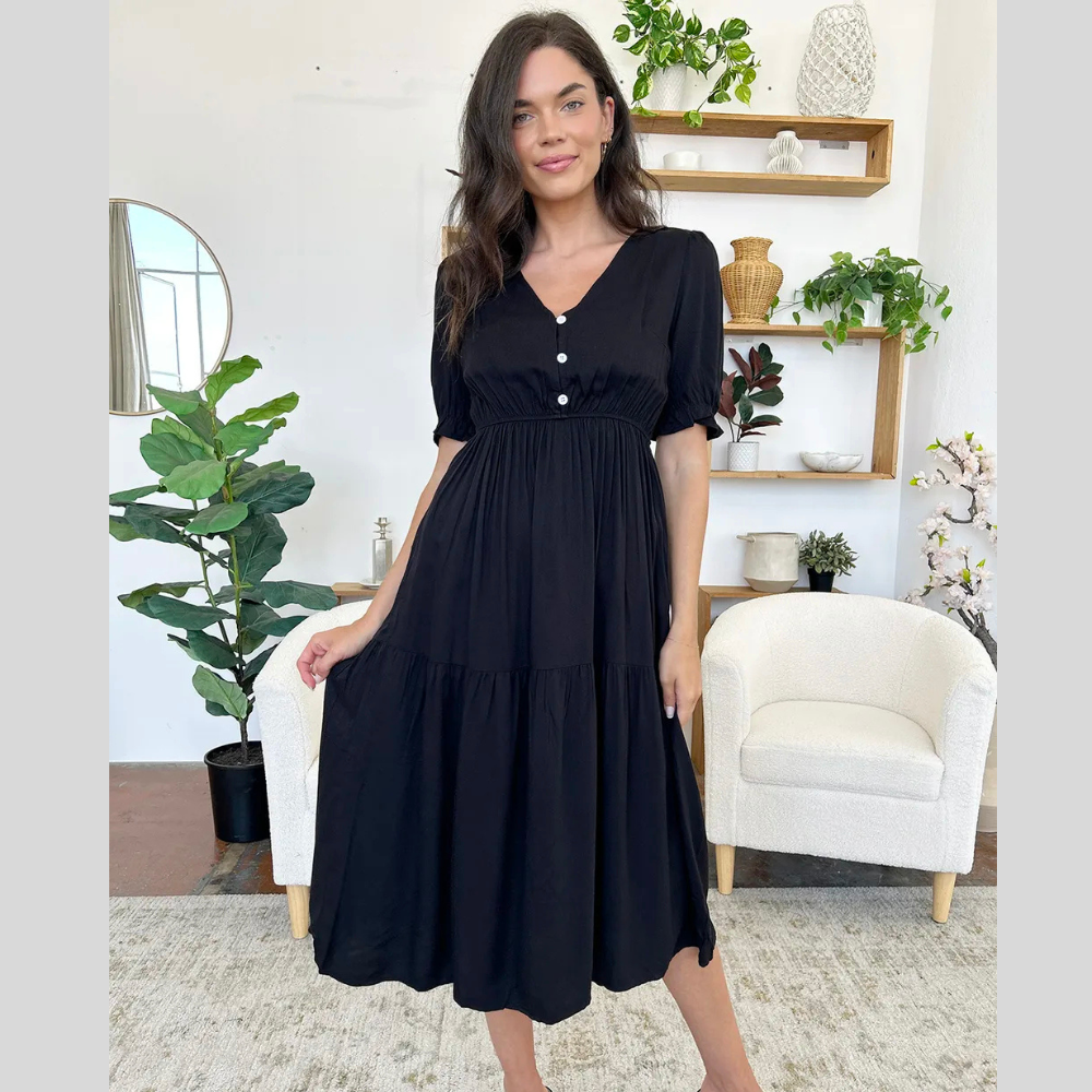 Perfee Ruched V-Neck Half Sleeve Midi Dress
