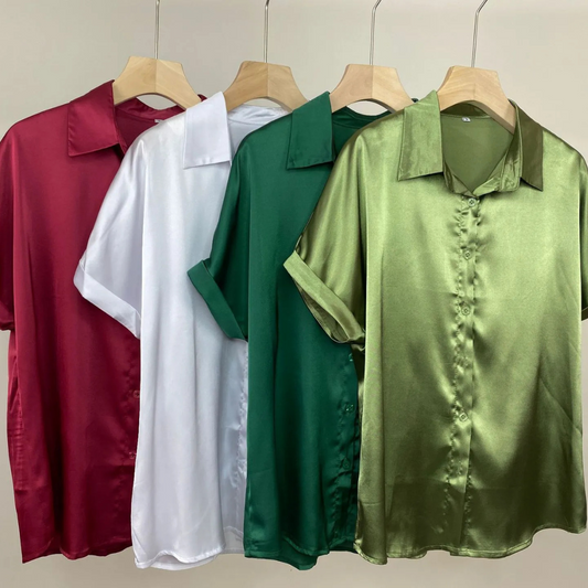Lapel Button Short Sleeve Shirt Summer Casual Loose Solid Color Beach Top For Womens Clothing