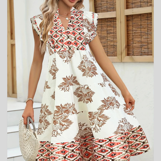 Printed Notched Ruffled Cap Sleeve Dress