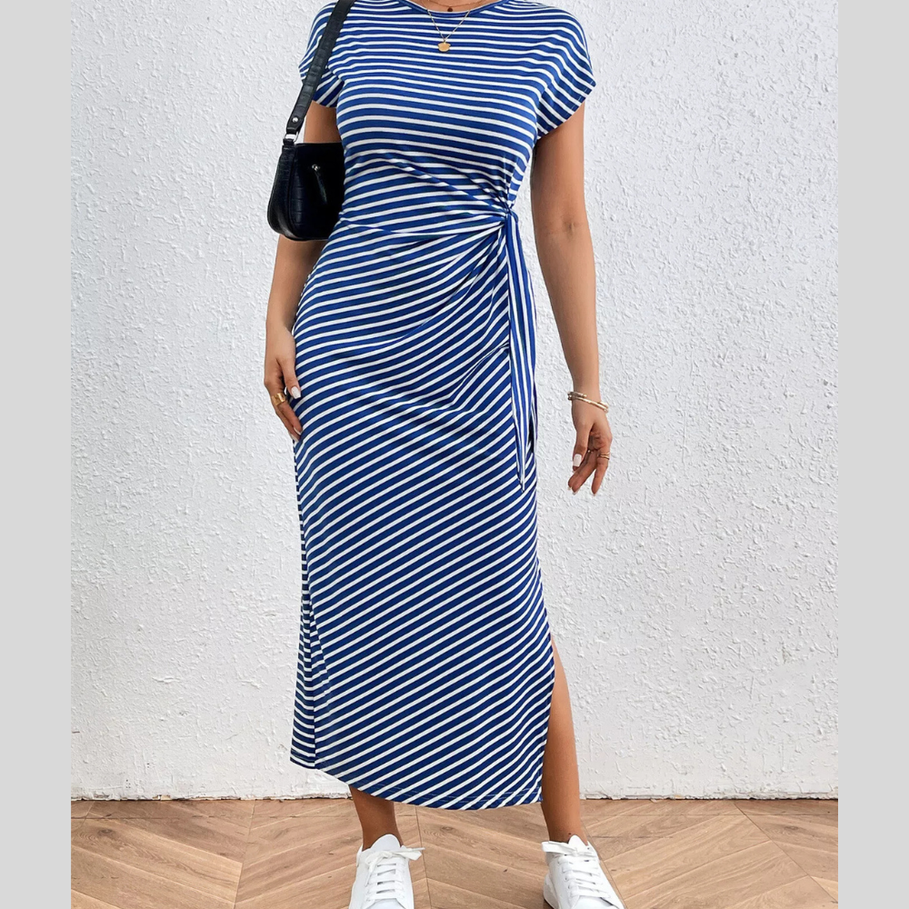 Striped Tie Side Casual Midi Dress