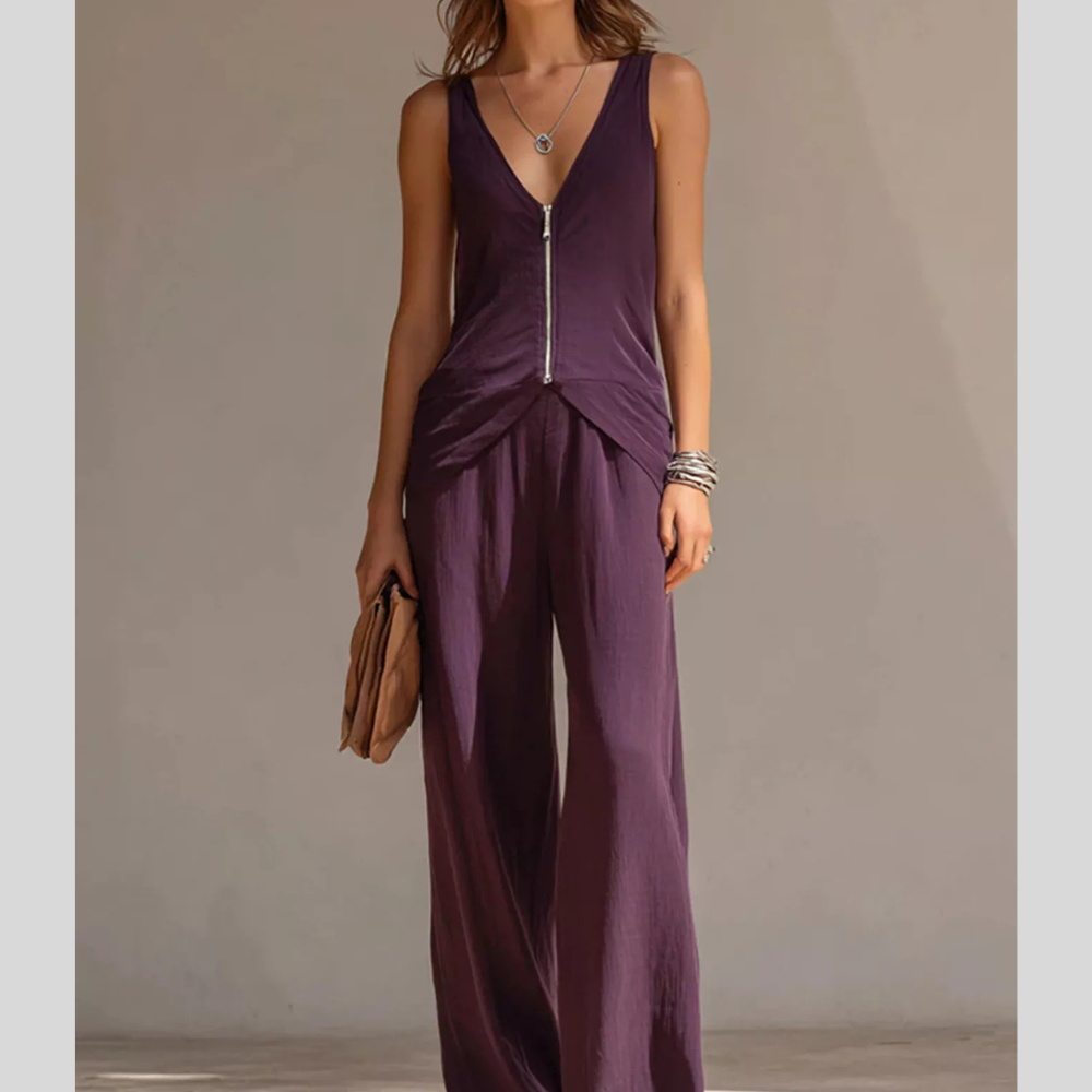 Full Size Zipper Front Tank and Wide-Leg Pants Set Plus Size