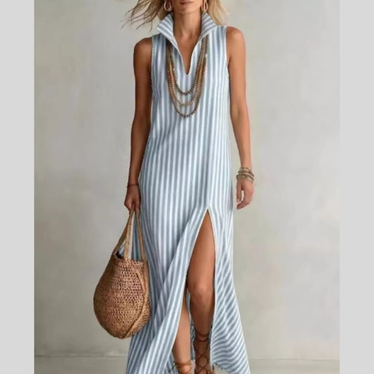 Full Size Striped Maxi Dress with High Slit Plus Size