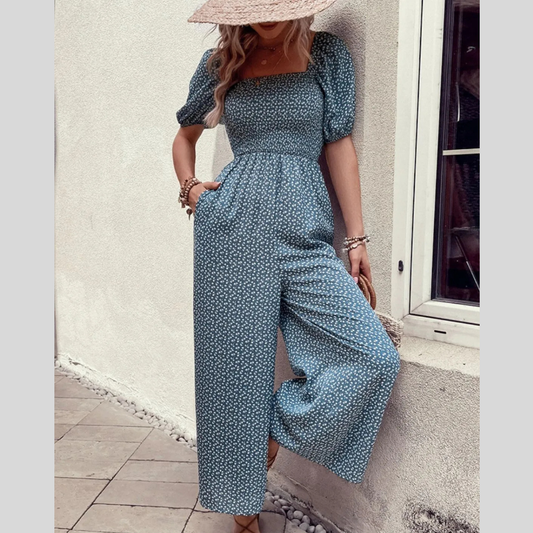 Square Neck Puff Sleeve Printed Jumpsuit