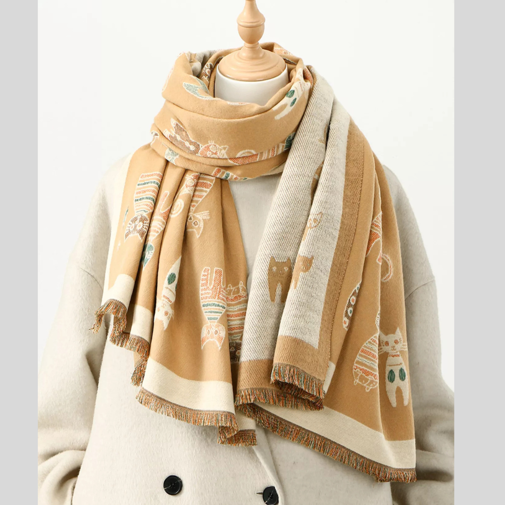 Cute Cat Pattern Raw Hem Scarf