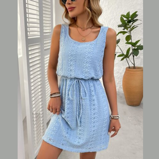 Eyelet Drawstring Round Neck Sleeveless Dress