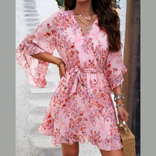 Devine Ruffled Printed Surplice Half Sleeve Mini Dress