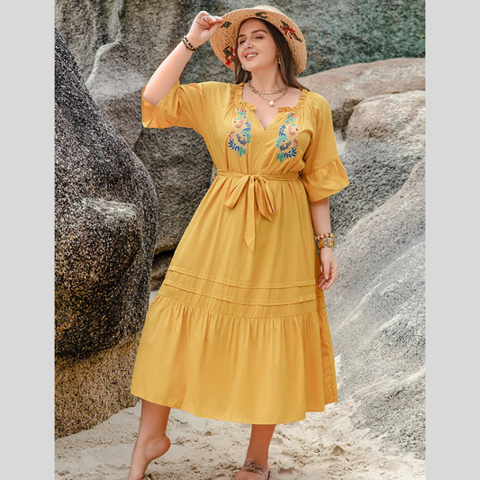 Plus Size Notched Tie Waist Half Sleeve Midi Dress