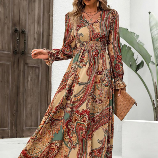 Smocked Printed V-Neck Flounce Sleeve Dress