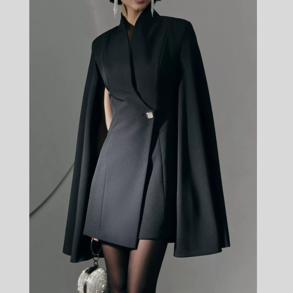 One Button Fitted Mini Blazer Dress with Cape Sleeves