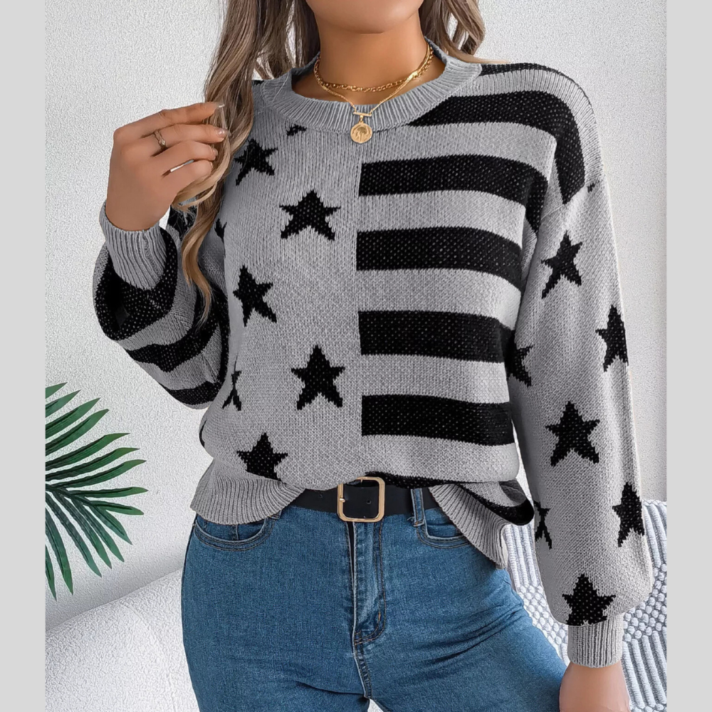 Stars and Stripes Pattern Casual Round Neck Sweater