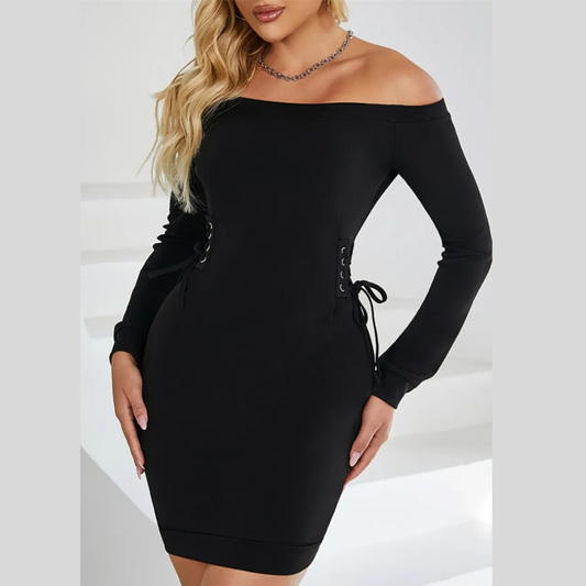 Lace-Up Off Shoulder Long Sleeve Mini Dress
